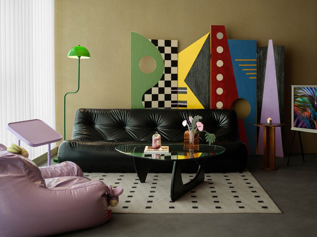 a Memphis-inspired palette in the living area of a design office
