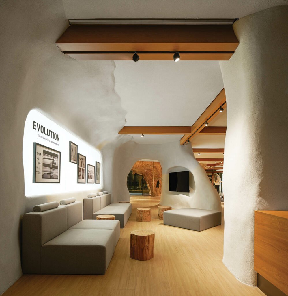 an events space with trunklike tables at Arc'teryx