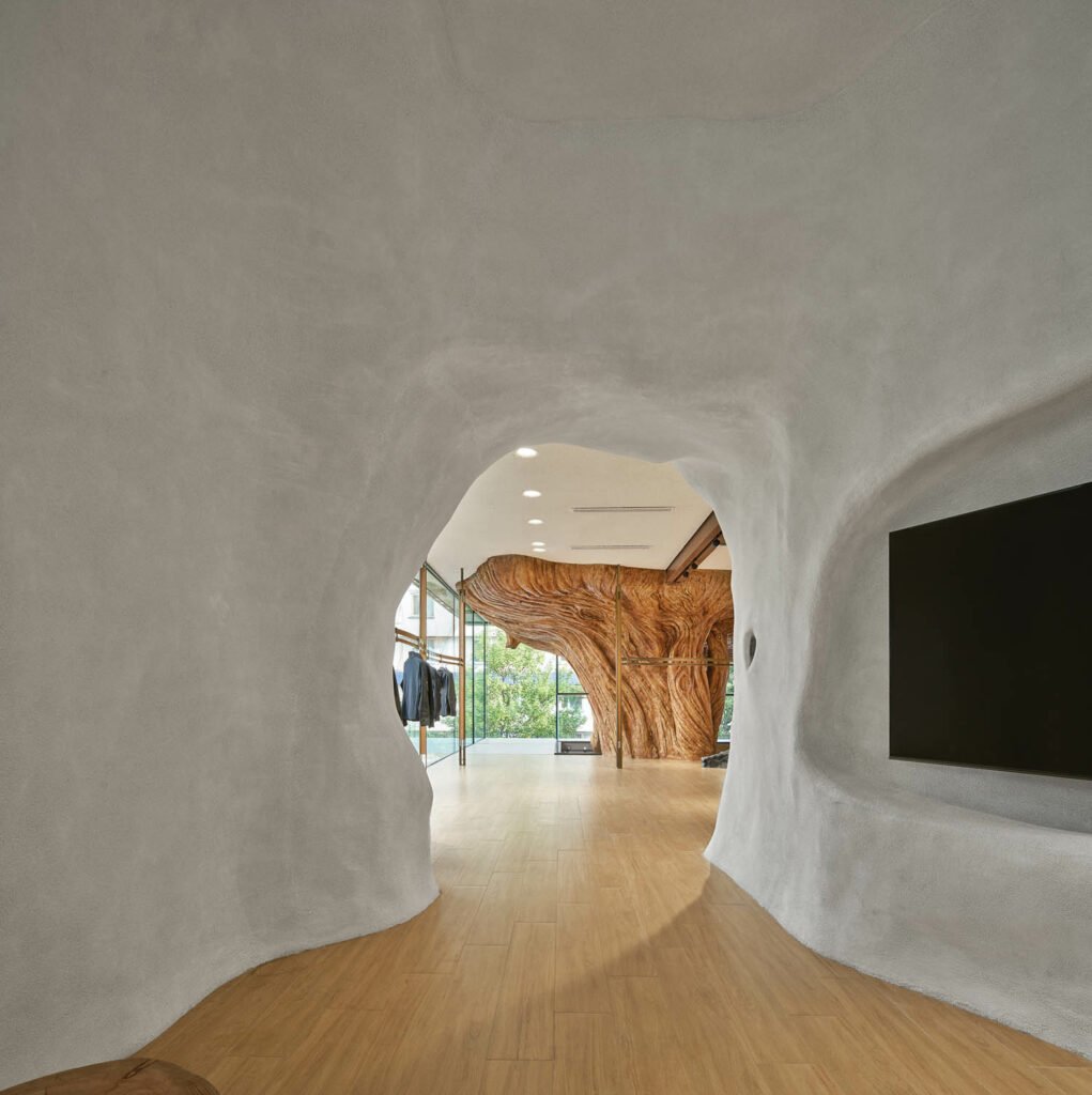 walls with a chalky finish are found in this event space for an outdoor-apparel brand