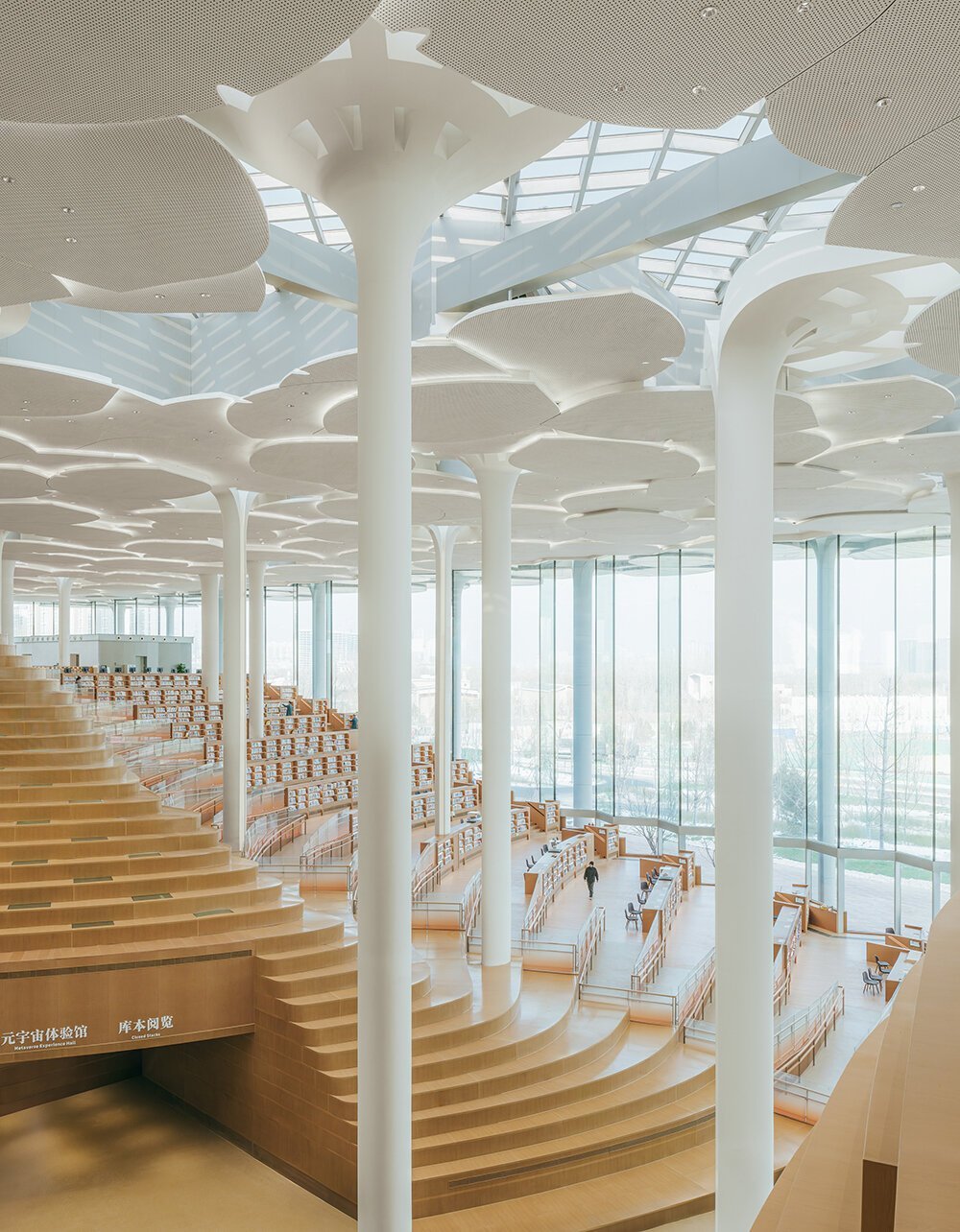 beijing city library by snøhetta opens to the public, revealing sculpted 'hills' and 'valleys'