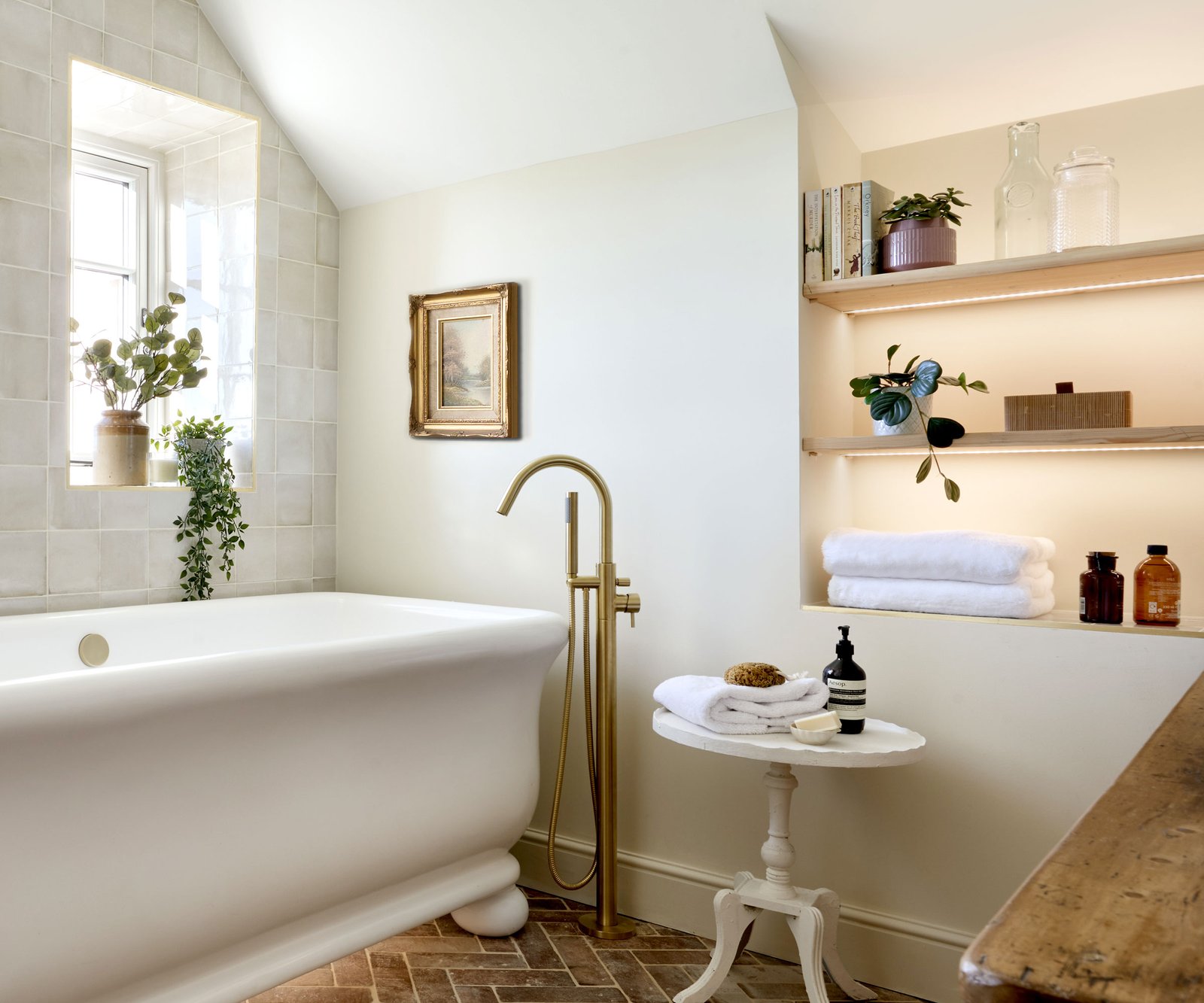 Mainly white bathroom with shelves in awkward space