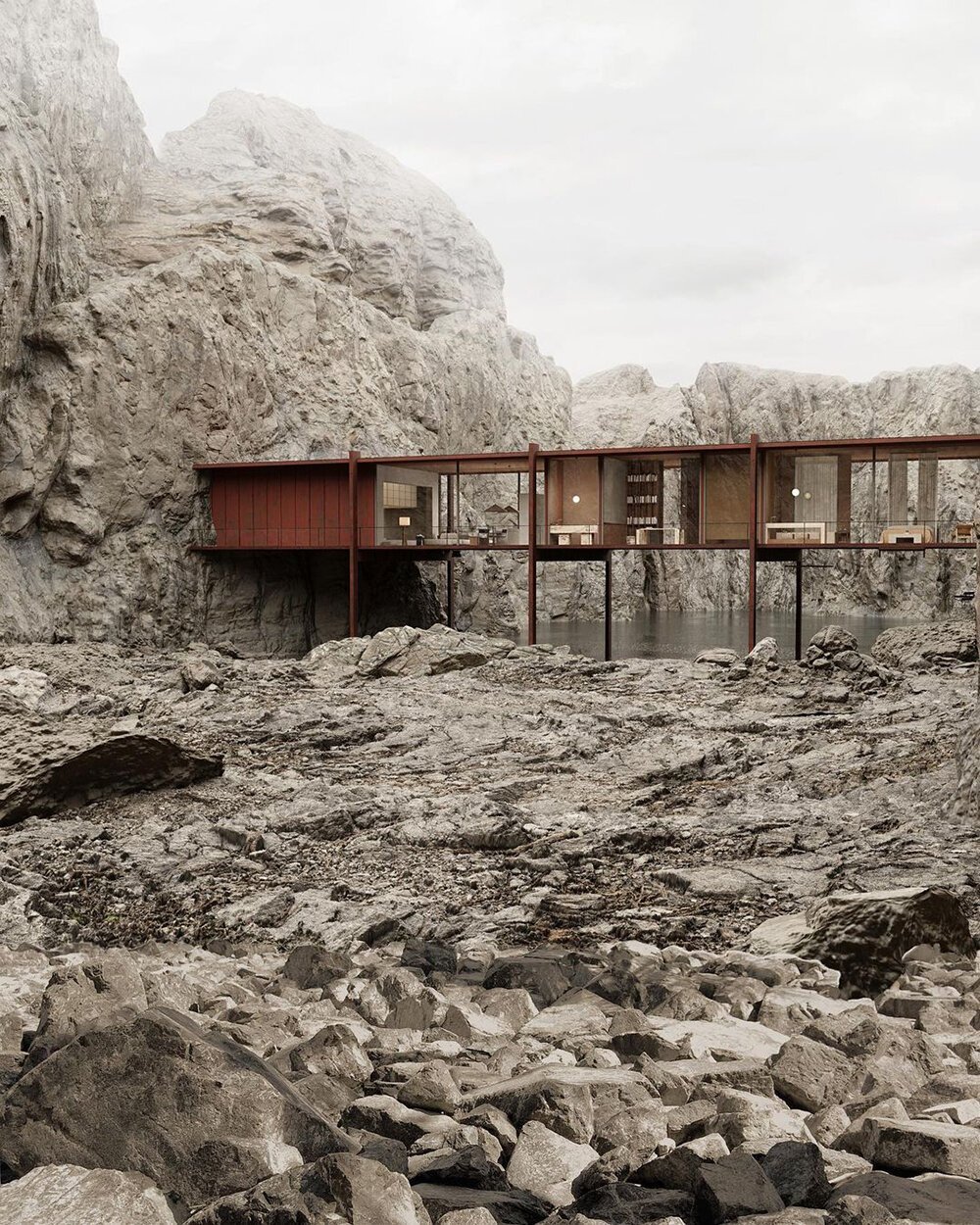 kseniia kolesnikova's stilted glass house rises over a lake amid mountain peaks