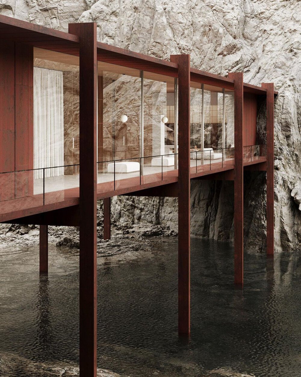 kseniia kolesnikova's stilted glass house rises over a lake amid mountain peaks