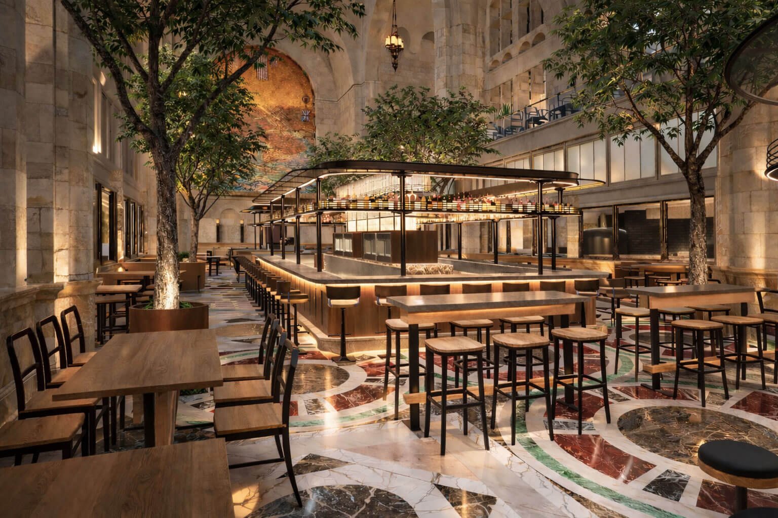 rendering of central bar area at one hanson place
