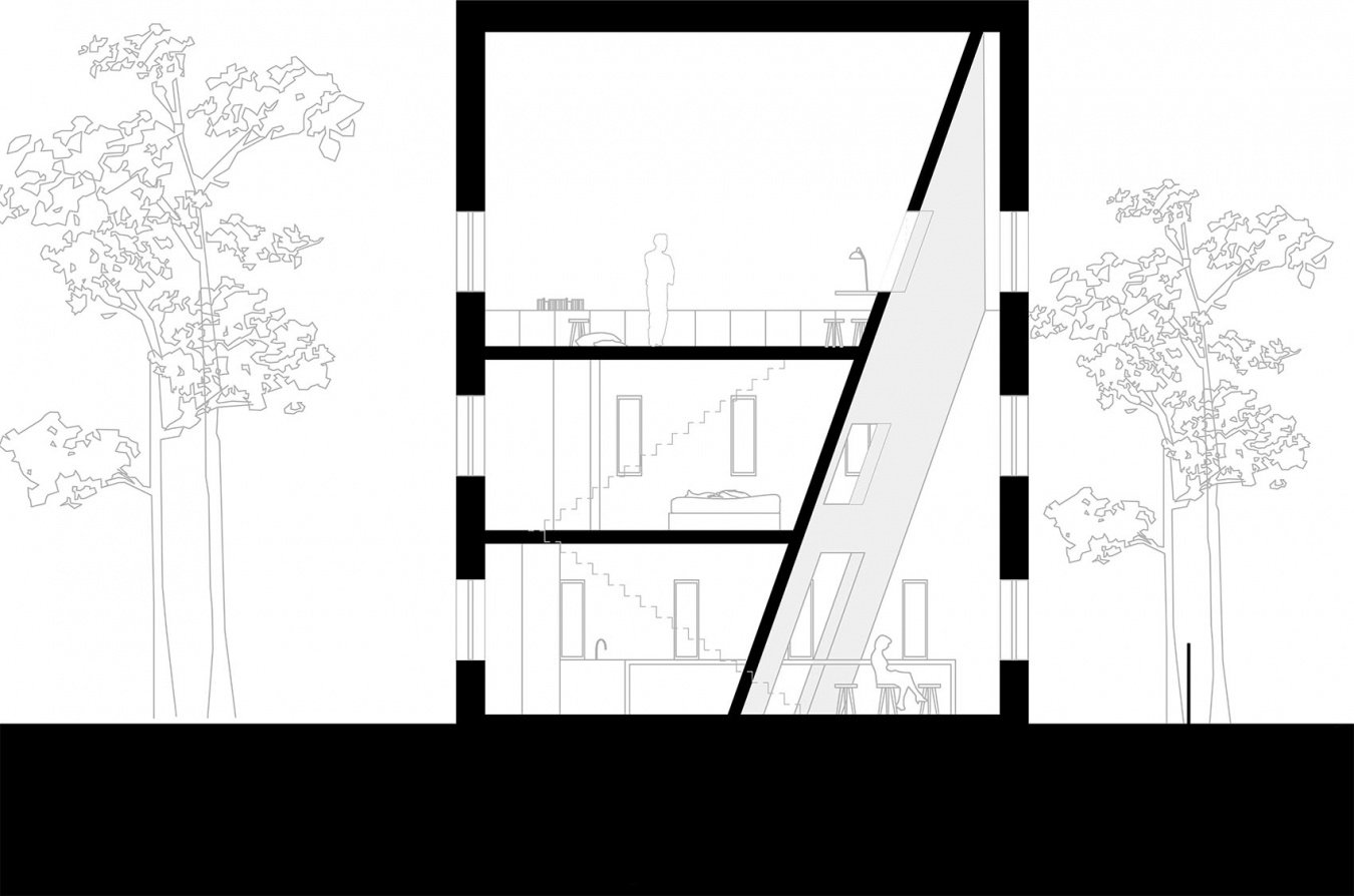 THE TOWN HOUSE Sigurd Larsen Design Architecture Germany stone wood urban house Section long copy