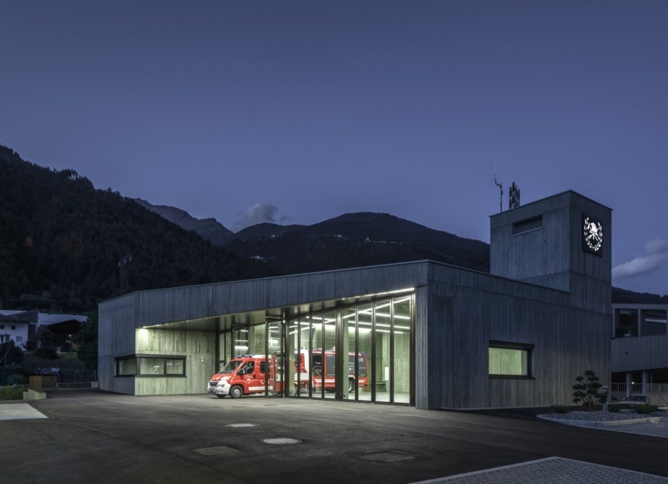Vehicle hall and hose tower at dusk/Vehicle hall and hose tower at dusk