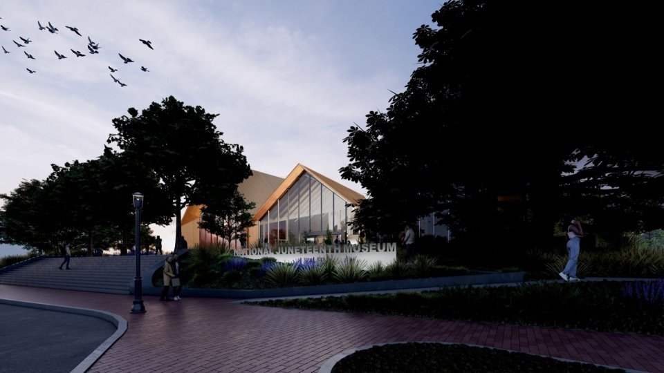 Night view of south entrance at dusk