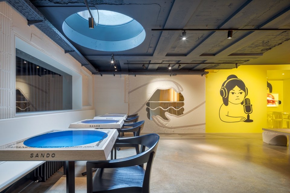 Dining area under the blue skylight/ Dining under the blue skylight