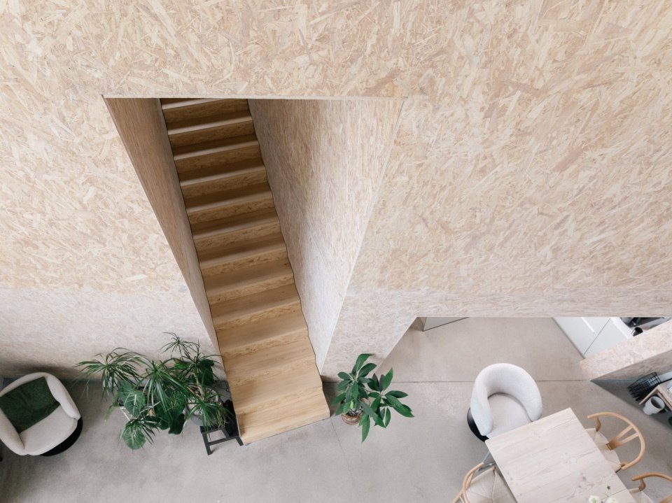Triple-height living room seen from above